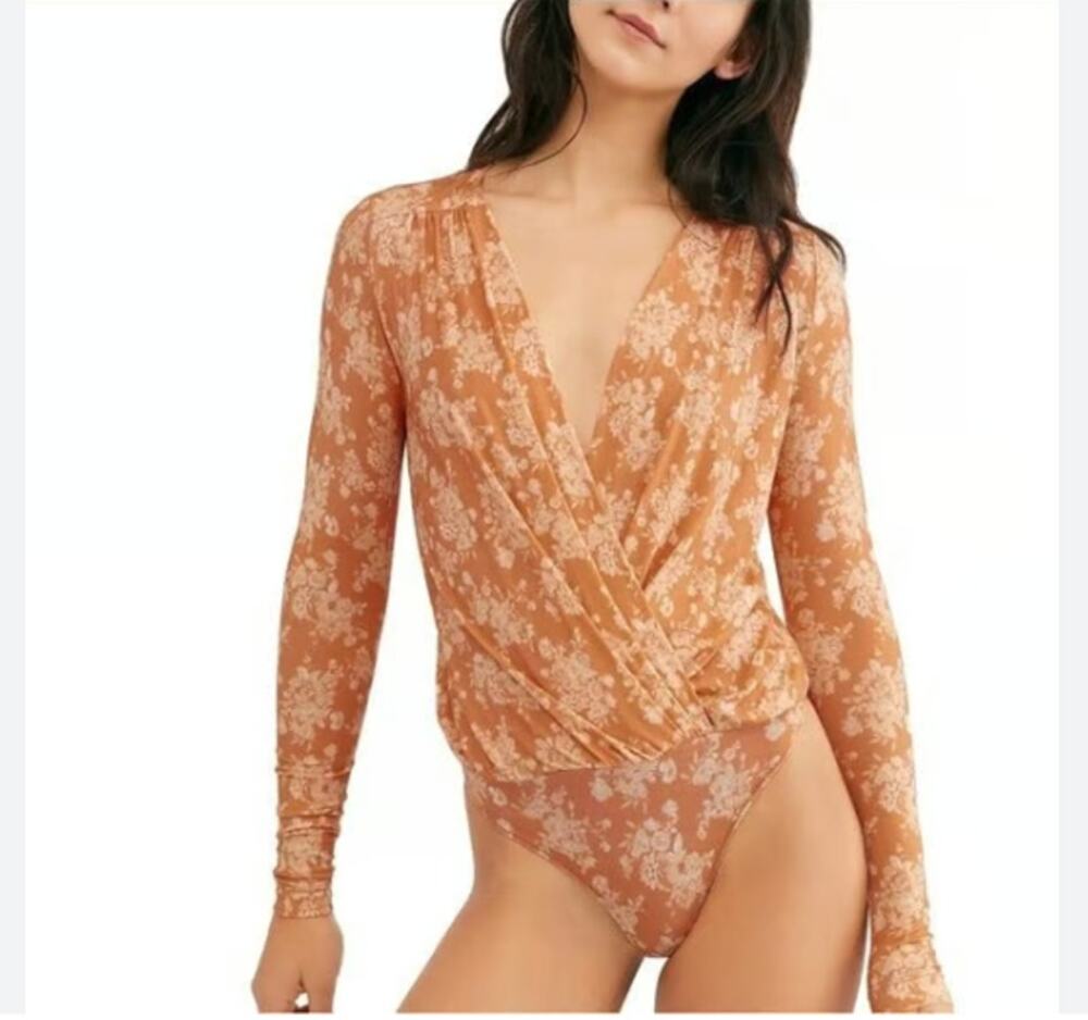 Free People Women's Spring Combo Floral Turnt Long Sleeve Surplice Bodysuit XS